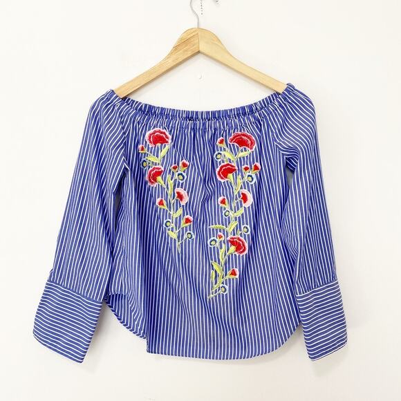 Forever 21 Blue Stripe Floral Embroidery Off the Shoulder Blouse Size Small - Picture 1 of 6